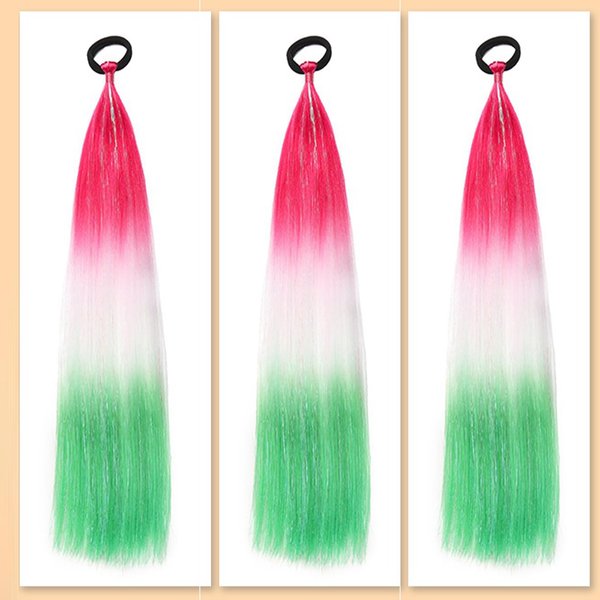 Newshair Colorful Ponytail Extension with Hair Tie, 24 inch Ombre Braid Ponytail Blend Hair Tinsel for Holiday Party Rainbow Festival (50g 3 Packs #Red/White/Green)
