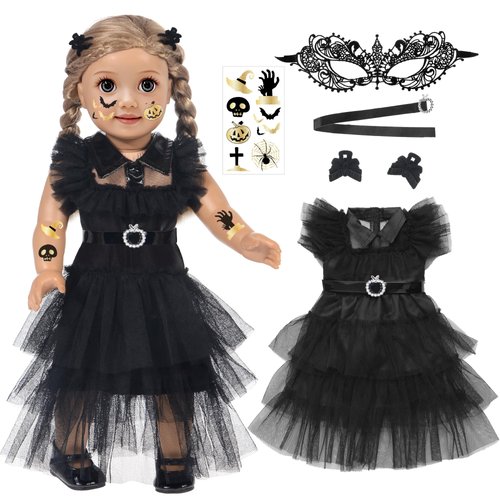 ebuddy 18 Inch Doll Clothes - Inspired Party Movie Halloween Costume Black Tulle Cake Dress, with Temporary Tattoo Stickers, Black Bow Hair Clip (Doll Not Included)