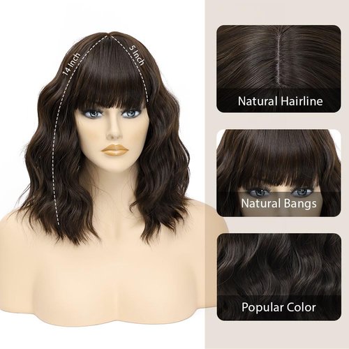 LOSMOEER Natural Brown Wig with Bangs Short Wavy Wigs for Women Shoulder Length Curly Bob Wigs Heat Resistant Synthetic Wigs for Halloween Cosplay Daily Party Use