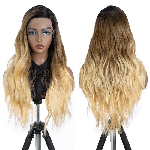 REBECCA STYLE Long Body Wave Wigs for Black Women Side Part Lace Front wigs 20 Inch Synthetic Lace Front Wig for Women Fake Scalp Glueless Heat Resistant Replacement Wig (Ombre Blonde to Brown)