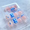 Cute Press on Nails Square Fake Nails with Bee and Flower Designs Stick on Nails Full Cover Blue and White Checkered French Tip Acrylic Nails Summer Sweet Young False Nails for Women Girls