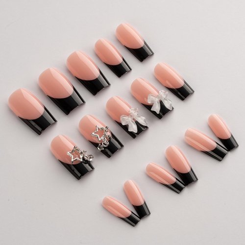 French Tip Press on Nails Black Fake Nails Medium Length False Nails Square Acrylic Nails with Bow Star Charm Designs Cute Artificial Nails Full Cover Glossy Stick on Nails Bow Glue on Nails for Women