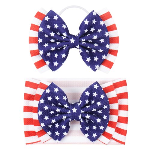 YanJie 4th of July Hairband - Baby Girl Headbands with Multicolor Printed Nylon Elastic Hair Bow Headband for Baby Girls Infant (2 Count, Pack of 1)