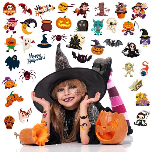 Smilinfit Halloween Temporary Tattoos for Kids, Halloween Party Favors Individually Wrapped Sheets, Halloween Birthday Party Decorations Supplies, Halloween Gifts, Goodie Bag Fillers Tattoo Stickers