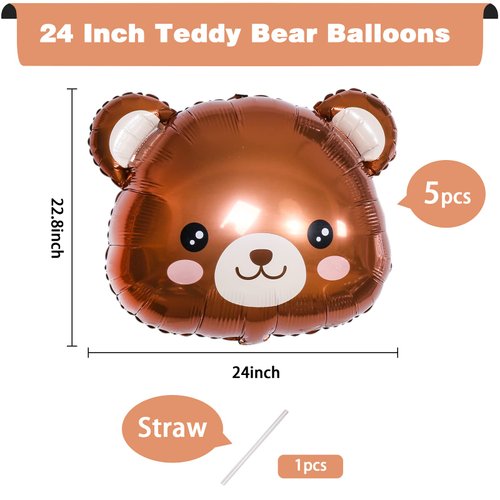 5pcs Bear Balloons，Teddy Bear Baby Shower Decorations for Jungle Safari Woodland Animal Farm Zoo Theme Birthday Party Supplies