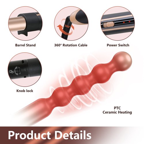 Erokicysh 5-in-1 Interchangeable Curling Iron Set - Instant Heat-Up, Ceramic Wands (0.35-1.25 Inch), Beach Waver for Short and Long Hair Styling