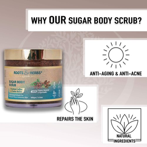 ROOTS AND HERBS Crushed Coffee and Tonka Beans -Exfoliating Body Scrubs for Men & Women - Face Scrub,Foot Scrub Dark Spots, Brightening Inner Thighs Bikini Area Underarms, Butt Scrub Exfoliator