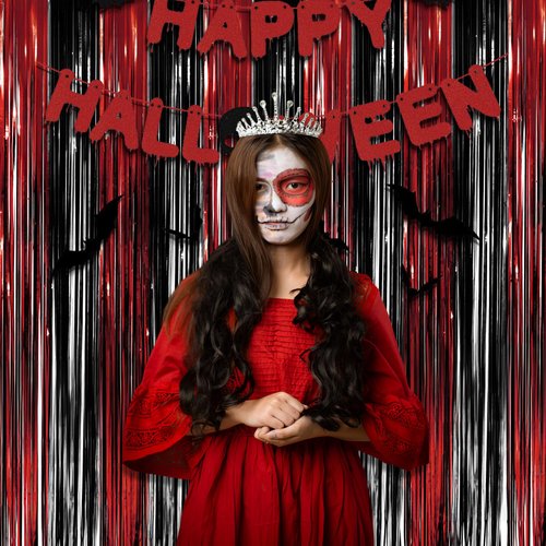 Black Red Party Streamers Backdrop - GREATRIL Foil Fringe Tinsel for Stranger/Friday Party/Halloween Party Decorations - 3.2ft X 8.2ft - 2 Packs