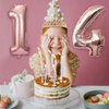 8pcs 14th Birthday Decorations for Girls, Including 14 year old Birthday Cake Topper, Birthday Queen Sash with Pearl Pin, Sweet Rhinestone Tiara Crown, Number Candles and Balloons Set, Rose Gold