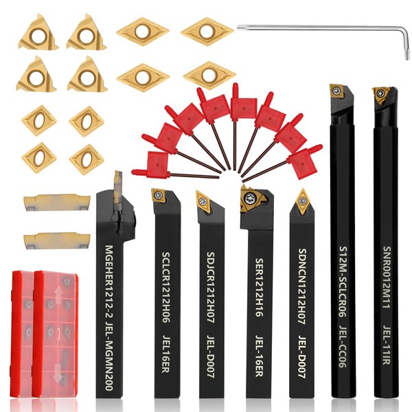 JOOGTO Indexable Lathe Turning Tool 21Pcs Kit 1/2'' 12mm Shank 7 Pcs Metal Lathe Tool Holder Set with 14 Pcs Turning Inserts for Turning Grooving Threading Boring Carbide Inserts Carbide Turning Tool