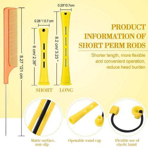 48 Pieces Hair Perm Rods Short Cold Wave Rods Plastic Perming Rods Hair Curling Rollers Curlers with Steel Pintail Comb Rat Tail Comb for Hairdressing Styling Supplies (0.28 Inch, Yellow and Orange)