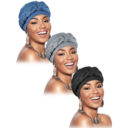 3 Pieces Head Wrap Turban Headwear Pre-Tied Twisted Braid Hair Cover Headwrap Hats for Women Girls (Black, Gray, Light Blue, Popular Style)