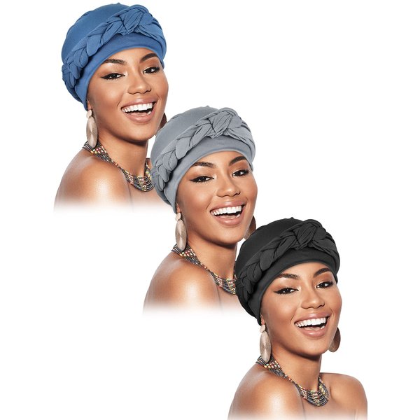 3 Pieces Head Wrap Turban Headwear Pre-Tied Twisted Braid Hair Cover Headwrap Hats for Women Girls (Black, Gray, Light Blue, Popular Style)