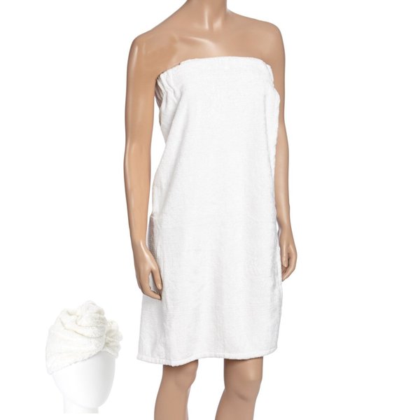FABBRICA HOME Super Absorbent Quick Dry Spa Bath Wrap Shower Skirt and Hair Drying Turban - 2pc Set (One-Size, White)