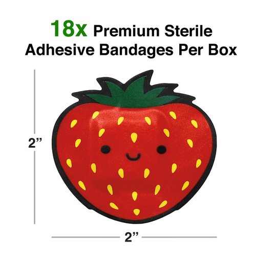GAMAGO Strawberry Bandages for Kids & Kidults - Set of 18 Individually Wrapped Self Adhesive Bandages - Sterile, Latex-Free & Easily Removable - Funny Gift & First Aid Addition