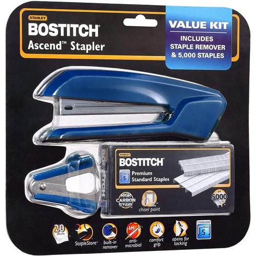 Bostitch Office Ascend 3 in 1 Stapler Value Pack, 20 Sheet Capacity, Includes 5000 Staples, Integrated Remover & and Extra Staple Remover, Staple Storage Compartment, Assorted Colors (Colors May Vary)