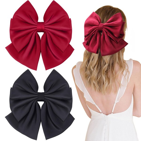 VOBOBE 2PCS Big Hair Bows for Women Girls, Black Red Satin Hair Bow Hair Clips Hair Accessories Barrettes for Adult Girls (Black+Red)