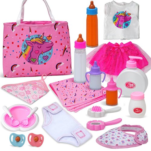 HOAYO 20 Pack Baby Doll Accessories, Baby Disappearing Doll Feeding and Caring Set with 2 Milk & Juice Bottles, 2 Toy Pacifier for Girls Toys Gift, Doll Clothes fit 18 Inch Doll
