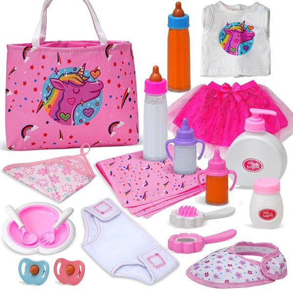 HOAYO 20 Pack Baby Doll Accessories, Baby Disappearing Doll Feeding and Caring Set with 2 Milk & Juice Bottles, 2 Toy Pacifier for Girls Toys Gift, Doll Clothes fit 18 Inch Doll