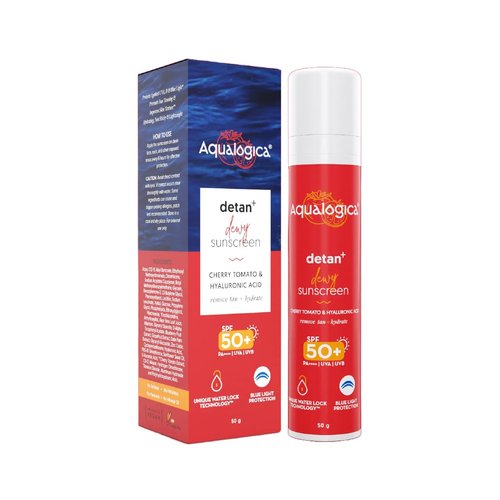 Aqualogica Detan+ Dewy Face Sunscreen with SPF 50+ & PA++++ | Blue Light Protection & No White Cast | Fights Sun Damage with Cherry Tomato & Hyaluronic Acid | 1.76 Oz/50g