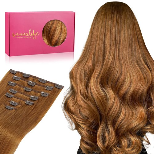 WENNALIFE Clip in Hair Extensions, 16 Inch 120g 7pcs Real Human Hair, Auburn Ginger, Remy, Double Weft
