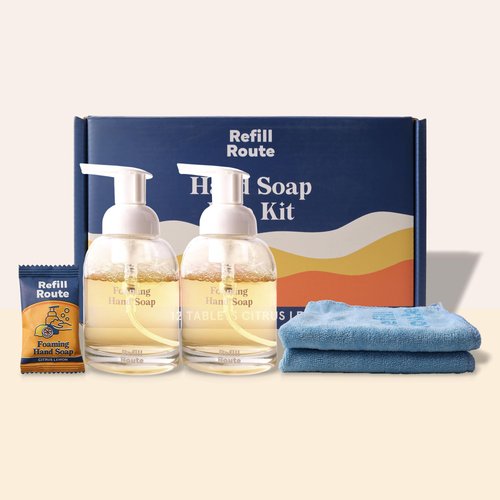 Foaming Hand Soap Refills & Dispenser Glass, 12 Foaming Hand Soap Tablets+2 Foaming Dispensers+2 Microfiber Cloths, Make 96 fl oz(12 x 8) - No Plastic, Vegan, Cleansing & Moisturizing, Lemon Scent