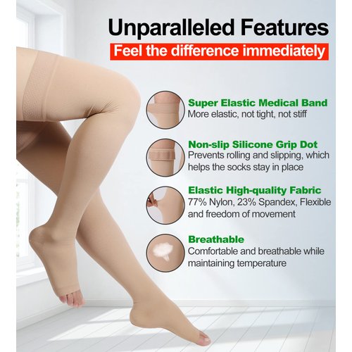Thigh High Compression Stockings, Open Toe, Pair, Firm Support 20-30mmHg Gradient Compression Socks with Silicone Band, Unisex, Opaque, Best for Spider & Varicose Veins, Edema, Swelling, Beige L