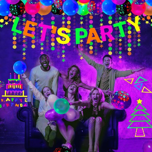 52 Pack Glow Neon Party Supplies Glow Party Decorations Neon Birthday Party Supplies Black Light Reactive Decor Set - Fluorescent Banner, Blacklight Garlands, Glow in The Dark Balloons, Luminous Tape