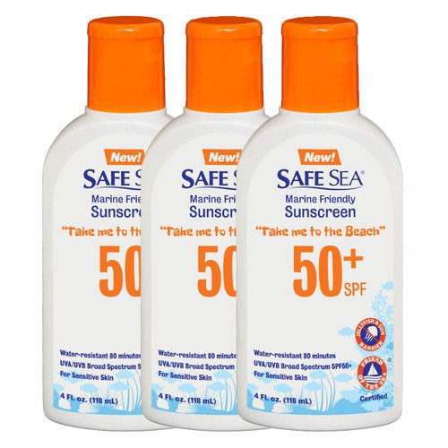 Safe Sea Jellyfish Sting-Blocking Sunscreen, SPF 50+ Lotion 4oz, Waterproof, Biodegradable, Coral Reef-Safe – Body and Face Sunscreen, Anti-Jellyfish and Sea-Lice sting protection. 4 FL Oz (Pack of 3)