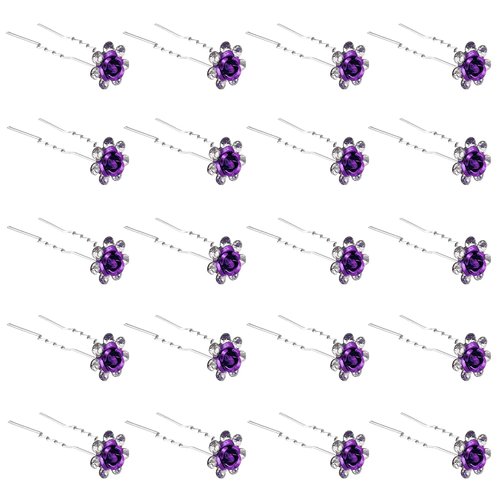QIUTIMIY 20 Pack (Purple) Crystal Hair Pins Rose Flower Rhinestone Hair Clips for Bridal Wedding Women Hair Jewelry Accessories, with Clear Container
