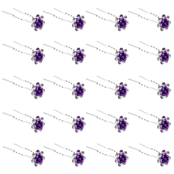 QIUTIMIY 20 Pack (Purple) Crystal Hair Pins Rose Flower Rhinestone Hair Clips for Bridal Wedding Women Hair Jewelry Accessories, with Clear Container
