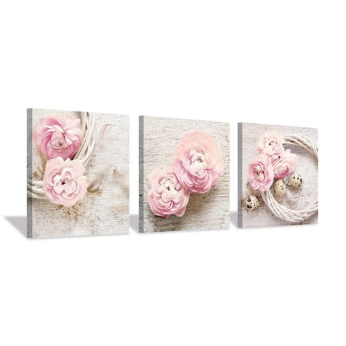 Floral Picture Canvas Wall Art: Pink Peony Flower Wreath Photographic Prints for Decor (12”x12”x3pcs)