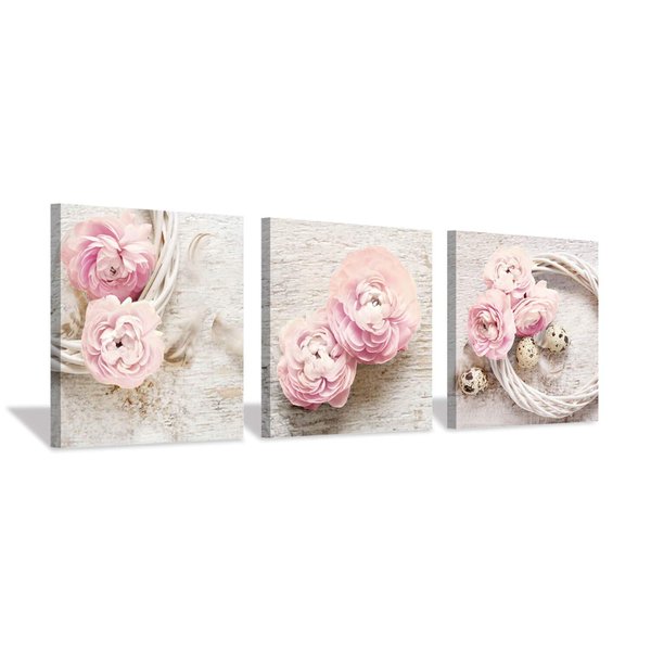 Floral Picture Canvas Wall Art: Pink Peony Flower Wreath Photographic Prints for Decor (12”x12”x3pcs)