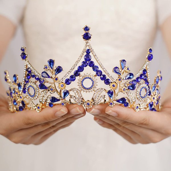 JWICOS Crystal Pearl Tiara for Girls Crown for Women Tiara for Women Elegant Princess Queen Crown Tiara for Halloween Pageant Birthday Pageant Prom Wedding Bridal Tiara for Bride (Blue)