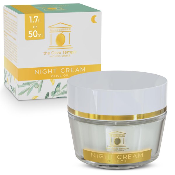 The Olive Temple Anti-Aging Night Face Cream - Infused with Olive Oil, Pomegranate and Cross-Linked Hyaluronic Acid - Binds Water 50X More than common hyaluronic acid, 1.7 fl. oz