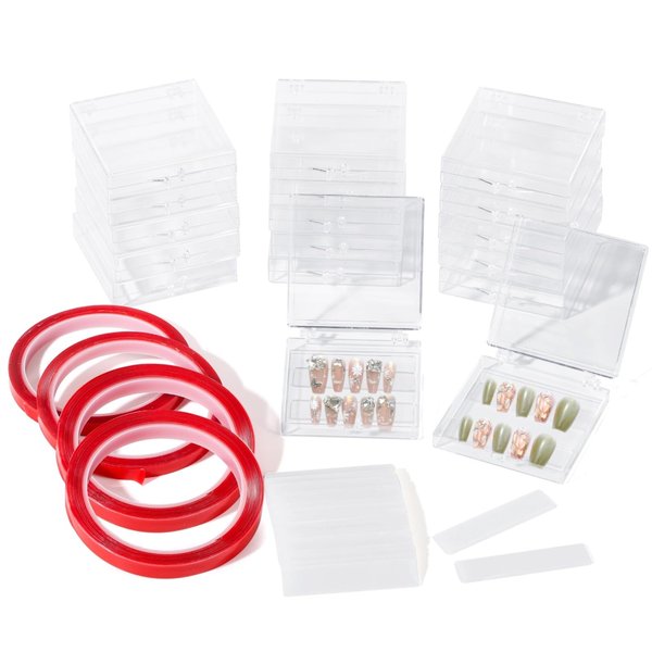 50 Pcs Press-on Nail Storage Boxes, Clear Acrylic Nail Containers with Double Sided Tapes & Display Strips, Artificial Nail Storage Cases, Transparent Nail Organizers for Nail Art Display