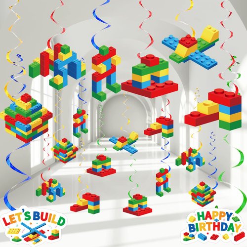 48 PCS Building Blocks Party Favors Color Blocks Single Hanging Swirl Decoration Set Building Theme Hanging Swirls Supplies Birthday Party Decor for Boys and Girls