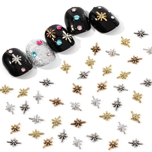 BAIYIYI Nail Art Studs 3D Gold Silver Star Nail Studs Nail Charms Star Shape Metal Nail Rivets Charms Gemstone Jewelry DIY Nail Art Decorations Manicure Supplies