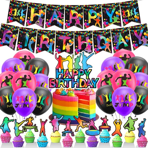 Trampoline Jump Party Decorations Trampoline Jump Birthday Party Supplies Includes Jump Birthday Banner Cake Topper Cupcake Toppers Balloons for Jump Party Decorations