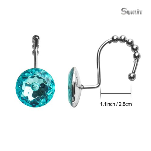 Sunlit Luxury Design Round Teal Blue Diamond Crystal Gem Bling with Glide Balls Shower Curtain Hooks for Mermaid Shower Curtains, Rust Proof Metal Rhinestones Glam Shower Curtain Rings-12 Pack