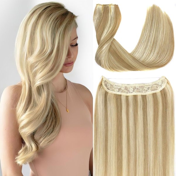 RECOOL Real Human Hair Balayage Light Blonde to Bleach Blonde Remy Invisible Wire Straight Clip in Hair Extensions(14 inch)