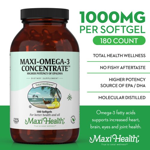 Maxi Health Omega-3 Fatty Acids Concentrate - Fish Oil - 2000mg - 180 + 20 Gel Capsules - Kosher