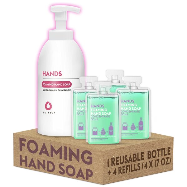 DUTYBOX Hands Foaming Hand Soap - Gentle Moisturizing Liquid Handsoap - Sage and Mint Fragrance - 1 Reusable Bottle with Foam Dispenser and 4 Capsule Packs (17 Ounce Each)