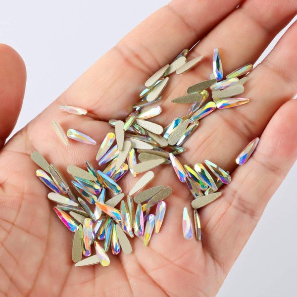 100pcs Ultra Sparkle&Shine AB Crystal Bead Raindrop Shapes Gold FlatBack Glass Rhinestones Diamonds Gems Pearls for 3D Nail Art Beauty Design Phone Case DIY Craft -LONG LASTING AB SHINE Like Swarovski