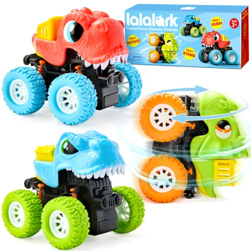 lalalark 3 Pack Monster Truck Toy, Dinosaur Toys for 3 4 5 Year Old Boys, Friction Power 360° Rotating Push and Go Cars, Bumping Up and Down Action, Christmas Birthday Gifts for Kids 3-5