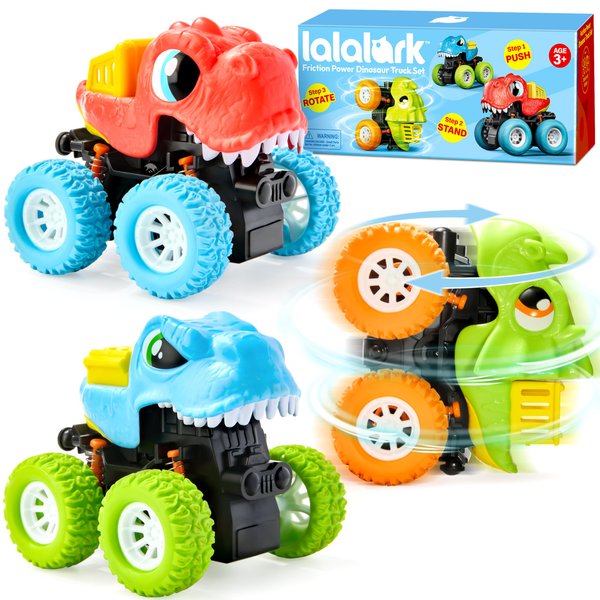 lalalark 3 Pack Monster Truck Toy, Dinosaur Toys for 3 4 5 Year Old Boys, Friction Power 360° Rotating Push and Go Cars, Bumping Up and Down Action, Christmas Birthday Gifts for Kids 3-5