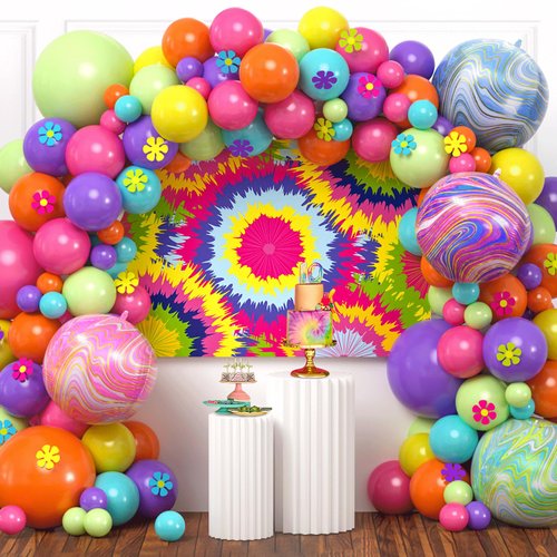 SNLN 162 Pcs Tie Dye Birthday Party Decorations Supplies for Kid Teen Adult Colorful Tie Dye Balloon Arch Kit Backdrop Flower Foil Balloon Rainbow Birthday Decorations Hippie Tie Dye Party Decorations