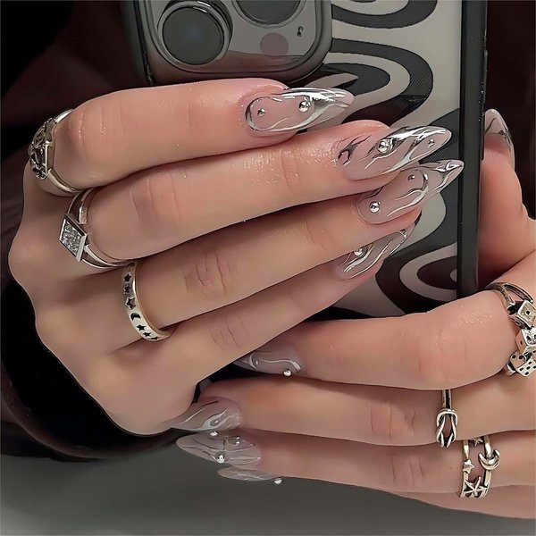 RUOKEXIN Nail Press ons Almond Press on Nails Long Stiletto Fake Fingernails Silver Swirl Acrylic False Nails with Pearl Designs Nude Glossy Gel Artificial Nails Kits Winter Stick Glue on Nails 24 Pcs