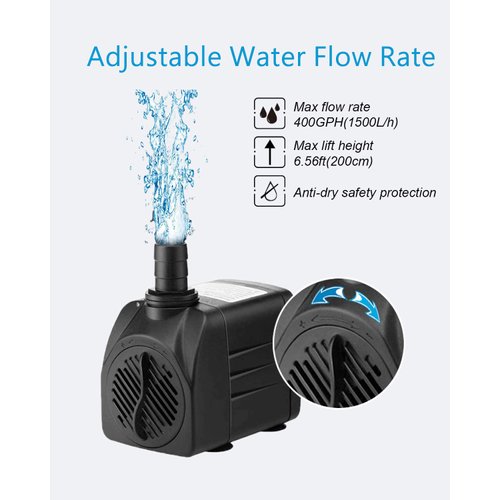 SongLong Submersible Pump 400GPH Ultra Quiet with Dry Burning Protection 6.5ft High Lift for Fountains, Hydroponics, Ponds, Aquariums & More……