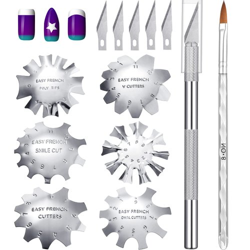 8 Pieces Acrylic Nails Tool Set, Include 6 Pieces French Nail Trimmer Stainless Steel French Tip Cutters Smile Line Cutter, Acrylic Nails Brush, French Tip Cutting Knife with 5 Spare Blades (Silver)